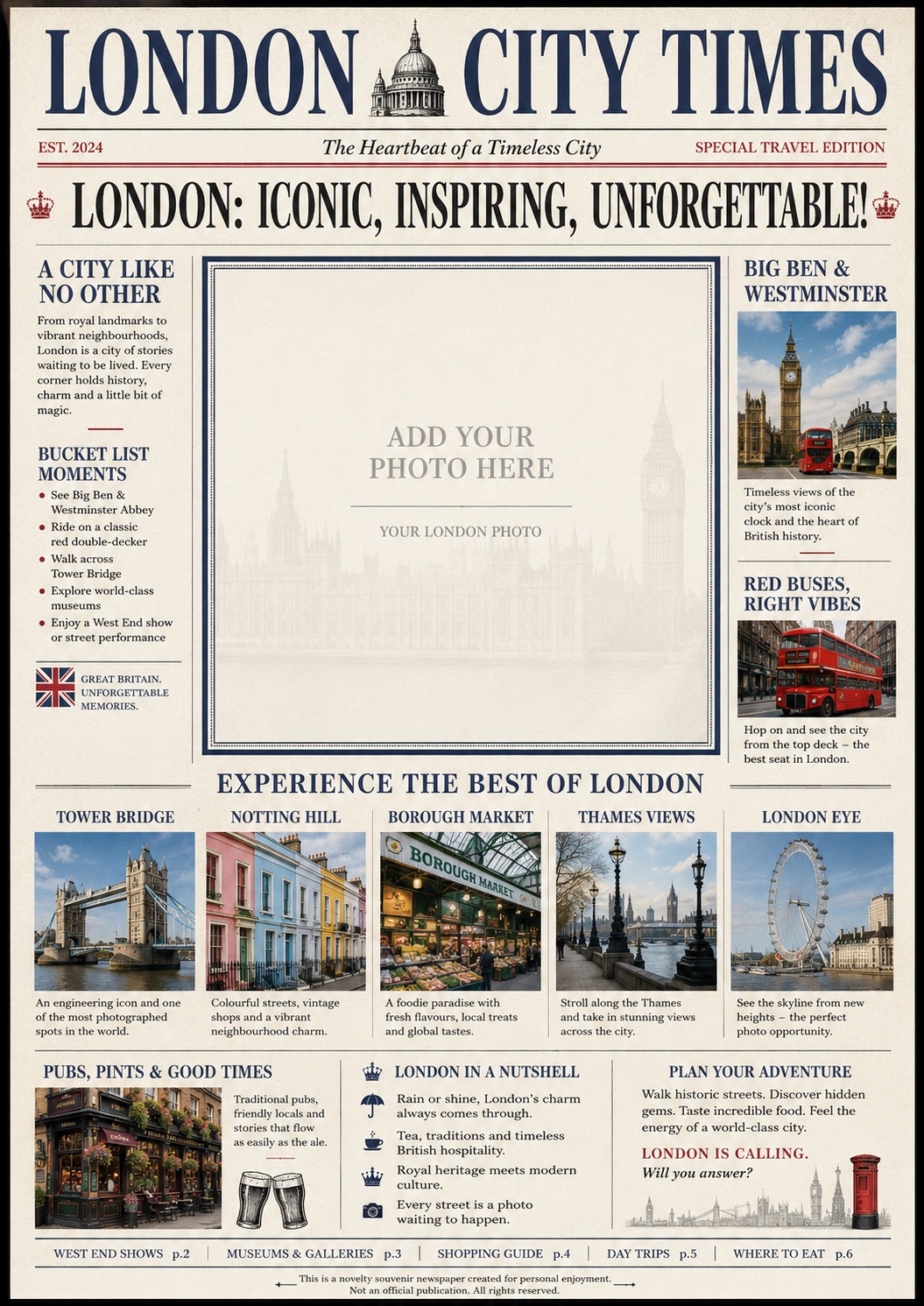 London City Times — a classic English-language souvenir newspaper edition with a 'your photo here' placeholder.
