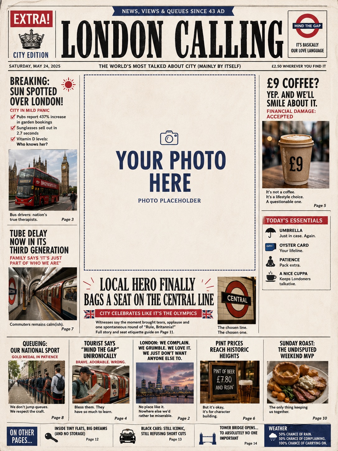 London Calling — a funny tabloid-style souvenir newspaper edition with a 'your photo here' placeholder.