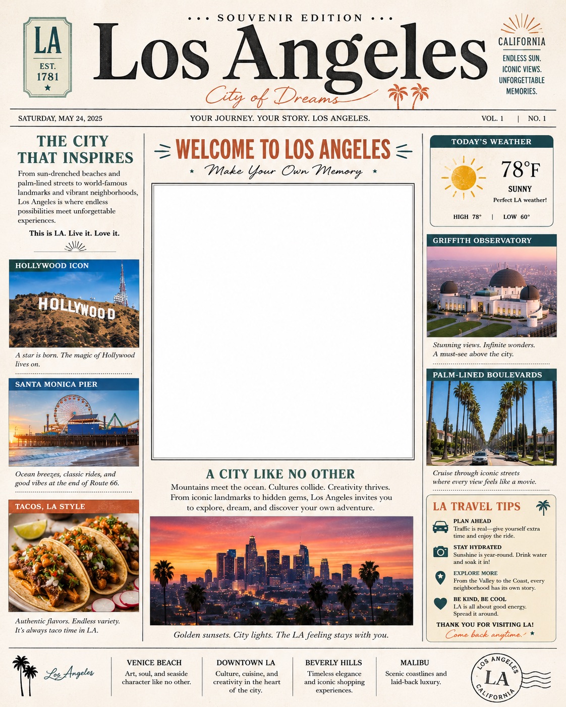 Los Angeles, City of Dreams — a classic English-language souvenir newspaper edition with a 'your photo here' placeholder.