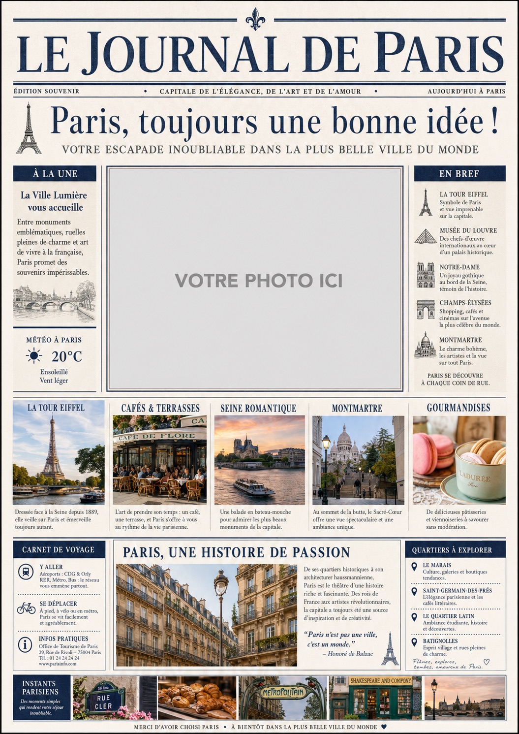 Le Journal de Paris — a classic French-language souvenir newspaper edition with a 'your photo here' placeholder.