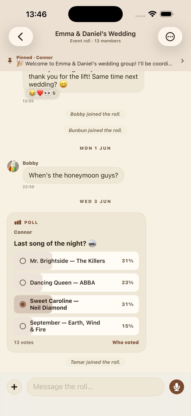 A poll in a YourTake wedding chat: 'Last song of the night?' with live vote percentages and a Who voted link.