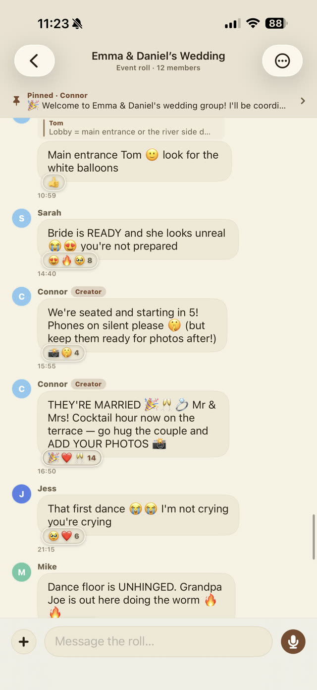 A YourTake event chat: the host's announcements, guest replies, banter and reactions.