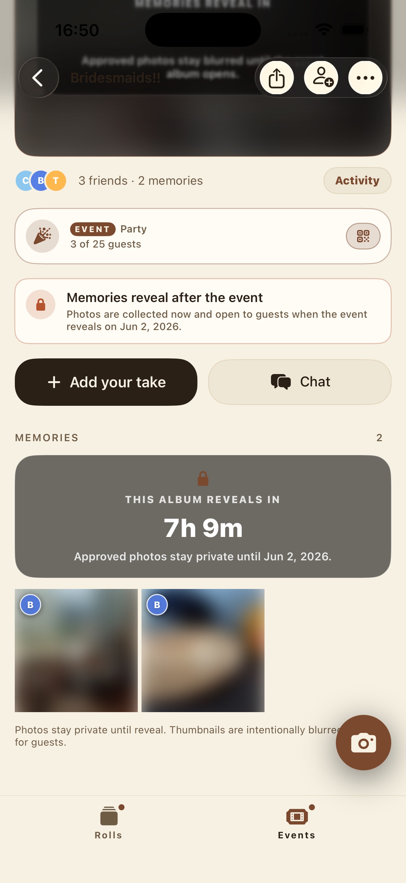 Event album locked with blurred thumbnails, counting down to the reveal.